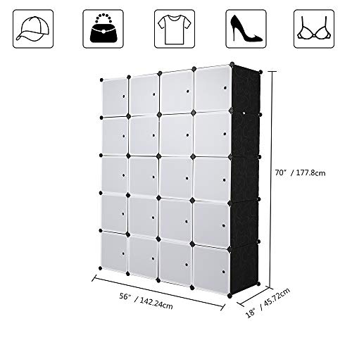 VINGLI Cube Storage Organizer, Plastic Closet Cabinet, DIY Plastic Modular Book Shelf Unit, Cube Shelves with Doors and Hanging Rods, 20 Cubes