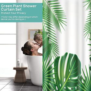 2 Pcs Bathroom Sets with Shower Curtain and Rugs, Bathroom Mat Non-Slip Green Leaf Bath Mat Waterproof Tropical Plants Shower Curtain Set with 12 Hooks Washable Bath Rug Carpet for Boho Home Decor