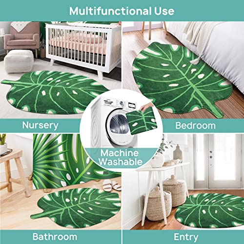 2 Pcs Bathroom Sets with Shower Curtain and Rugs, Bathroom Mat Non-Slip Green Leaf Bath Mat Waterproof Tropical Plants Shower Curtain Set with 12 Hooks Washable Bath Rug Carpet for Boho Home Decor