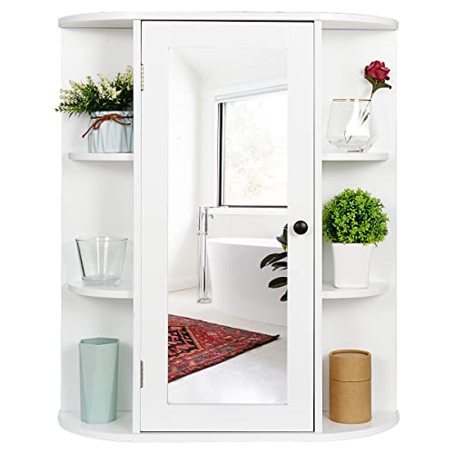 ZenStyle Bathroom Mirror Cabinet Wall Mounted, Single Door White Bathroom Wall Cabinet Medicine Cabinet with Mirror and Adjustable Inner Shelves for Bathroom, Living Room