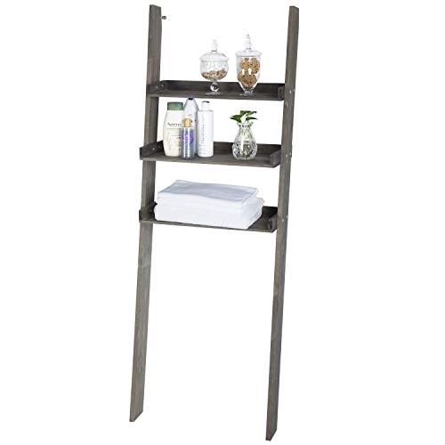 MyGift Over-The-Toilet Storage Shelves, 3-Tier Rustic Vintage Gray Wood Leaning Bathroom Ladder Shelf