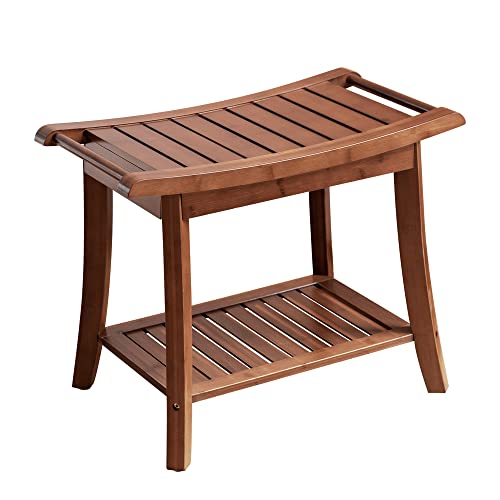 Forevich Shower Bamboo Bench Seat with Storage Shelf, Bath Shower Stool for Adults Inside Shower Seat Dark