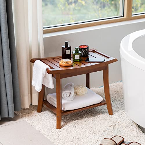 Forevich Shower Bamboo Bench Seat with Storage Shelf, Bath Shower Stool for Adults Inside Shower Seat Dark