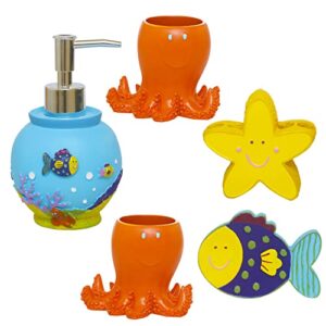 decorative bathroom accessories set for kids, vanity organizers including 2 octopus tumblers, 1 clownfish soap dish, 1 starfish toothrush holder and 1 ocean soap dispenser