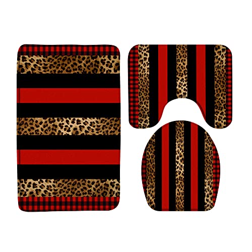 Leopard Print 3 Piece Bath Mat Set Red Black Buffalo Check Plaid African Safari Wild Animal Cheetah Powerful Panthera Cat Skin Pattern Splicing Toilet Seat Cover,U Shaped Toilet Mat Bathroom Decor