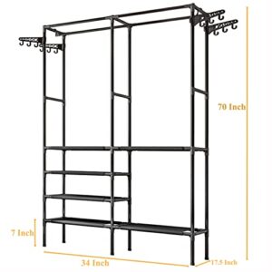 TUOKING Garment Rack, Metal Clothing Racks for Hanging Clothes, Heavy Duty Wire Bedroom Clothing Rack, Freestanding Portable Wardrobe Closet Rack with 4 Hanging Rods, 70" H*34L*17.5W, Black