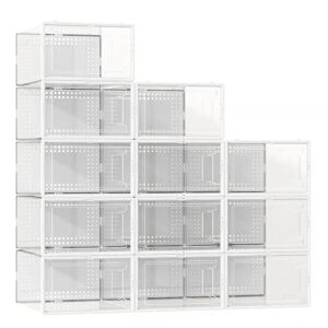 shoe storage boxes clear plastic stackable,12 pack modular shoe organizer for closet, shoe containers case display for sneaker storage, white