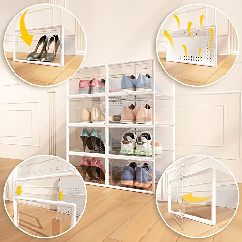 Shoe Storage Boxes Clear Plastic Stackable,12 Pack Modular Shoe Organizer for Closet, Shoe Containers Case Display for Sneaker Storage, White