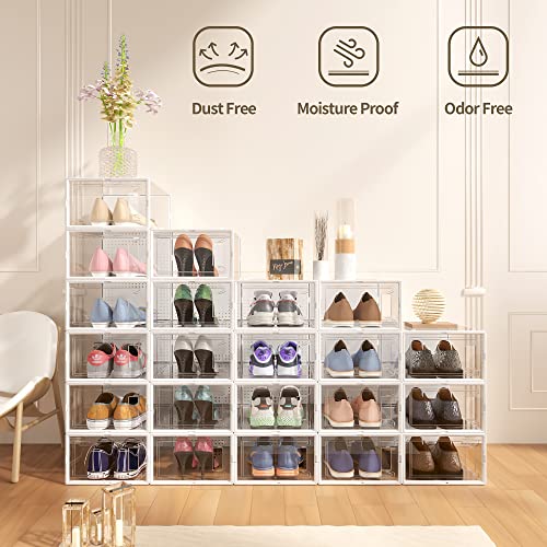 Shoe Storage Boxes Clear Plastic Stackable,12 Pack Modular Shoe Organizer for Closet, Shoe Containers Case Display for Sneaker Storage, White
