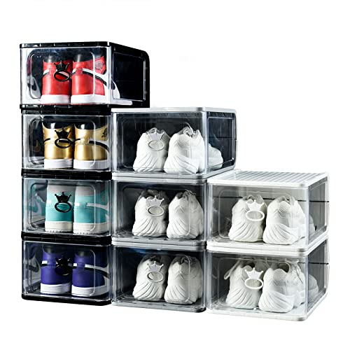 WOQLIBE Shoe Storage Boxes, 9 Pack Upgraded, Clear Plastic Stackable Shoe Boxes with Lids, Fit Max Up to US Size 12, for Sneaker Display/Closet(13.8” L x 10.8” W x 7.5” H)