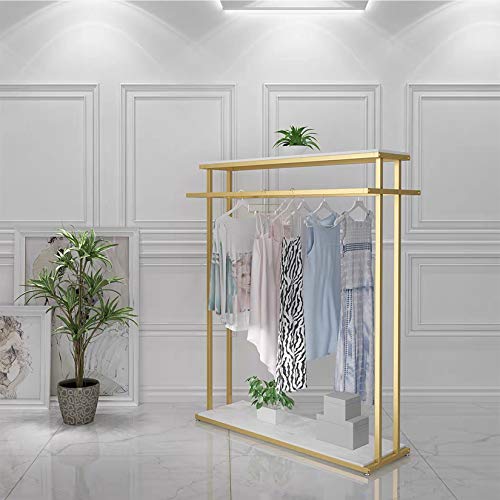 MDEPYCO Clothing Store Rolling Garment Rack with Wheel,Commercial Grade Nakajima Clothes Display Rack,Floor-Standing Double Hanging Rods Hangers Clothes Shelves (Gold with Wooden Boards, 47.2" L)