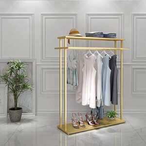 MDEPYCO Clothing Store Rolling Garment Rack with Wheel,Commercial Grade Nakajima Clothes Display Rack,Floor-Standing Double Hanging Rods Hangers Clothes Shelves (Gold with Wooden Boards, 47.2" L)