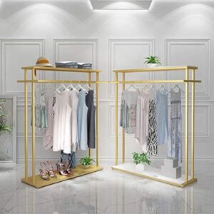 MDEPYCO Clothing Store Rolling Garment Rack with Wheel,Commercial Grade Nakajima Clothes Display Rack,Floor-Standing Double Hanging Rods Hangers Clothes Shelves (Gold with Wooden Boards, 47.2" L)