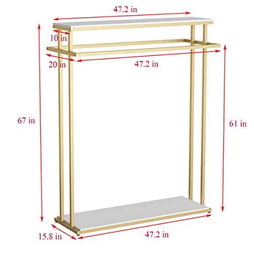 MDEPYCO Clothing Store Rolling Garment Rack with Wheel,Commercial Grade Nakajima Clothes Display Rack,Floor-Standing Double Hanging Rods Hangers Clothes Shelves (Gold with Wooden Boards, 47.2" L)