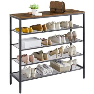 YMYNY Industrial Shoe Rack, 5-Tier Shoe Storage Organizer with 4 Mesh Shelves for 16-20 Pairs, Shoe Shelf for Entryway, Hallway, Closet, 39.4 x 11.8 x 37.4, Metal Frame, Rustic Brown, HD-UHTMJ084H