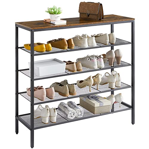 YMYNY Industrial Shoe Rack, 5-Tier Shoe Storage Organizer with 4 Mesh Shelves for 16-20 Pairs, Shoe Shelf for Entryway, Hallway, Closet, 39.4 x 11.8 x 37.4, Metal Frame, Rustic Brown, HD-UHTMJ084H