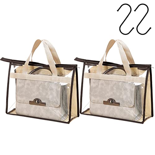 Handbag Storage Organizer 2 Pack, Clear Purse Storage Organizer for Closet, Clear Dust Bags for Handbags, Purse Cover Hanging Closet Organizer with Zipper, Handles and Purse Hook- L, Cream