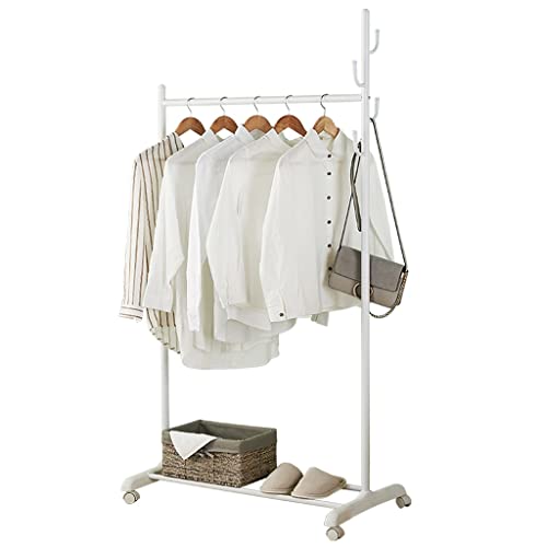 LUKEO 2-in-1 Clothes Coat Rack Rolling Garment Rack with Bottom Shelves-White Versatile Rack Durable Structure