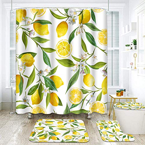 ArtSocket 4 Pcs Shower Curtain Set Floral Lemon Fruits Flowers Leaves Vintage Yellow with Non-Slip Rugs Toilet Lid Cover and Bath Mat Bathroom Decor Set 72" x 72"