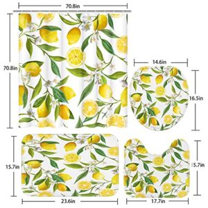 ArtSocket 4 Pcs Shower Curtain Set Floral Lemon Fruits Flowers Leaves Vintage Yellow with Non-Slip Rugs Toilet Lid Cover and Bath Mat Bathroom Decor Set 72" x 72"