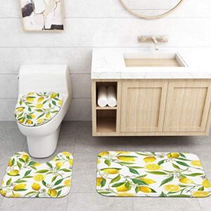 ArtSocket 4 Pcs Shower Curtain Set Floral Lemon Fruits Flowers Leaves Vintage Yellow with Non-Slip Rugs Toilet Lid Cover and Bath Mat Bathroom Decor Set 72" x 72"