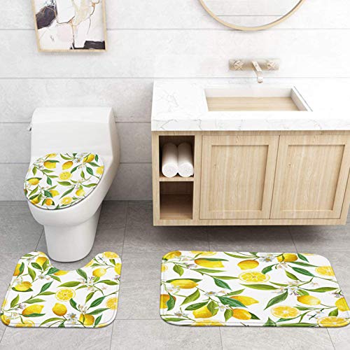 ArtSocket 4 Pcs Shower Curtain Set Floral Lemon Fruits Flowers Leaves Vintage Yellow with Non-Slip Rugs Toilet Lid Cover and Bath Mat Bathroom Decor Set 72" x 72"