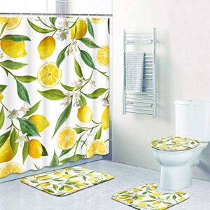 ArtSocket 4 Pcs Shower Curtain Set Floral Lemon Fruits Flowers Leaves Vintage Yellow with Non-Slip Rugs Toilet Lid Cover and Bath Mat Bathroom Decor Set 72" x 72"