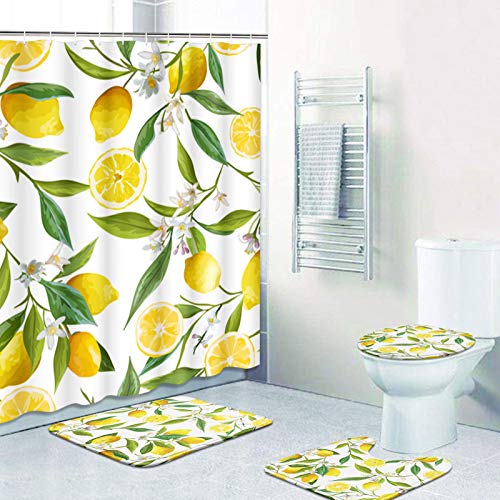 ArtSocket 4 Pcs Shower Curtain Set Floral Lemon Fruits Flowers Leaves Vintage Yellow with Non-Slip Rugs Toilet Lid Cover and Bath Mat Bathroom Decor Set 72" x 72"