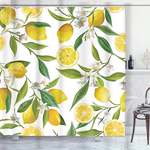 ArtSocket 4 Pcs Shower Curtain Set Floral Lemon Fruits Flowers Leaves Vintage Yellow with Non-Slip Rugs Toilet Lid Cover and Bath Mat Bathroom Decor Set 72" x 72"