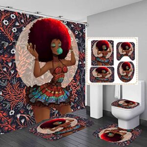4 pcs durable fabric african american bathroom shower curtain set,bathroom sets with black girl shower curtain and rugs，with toilet lid cover and bath mat