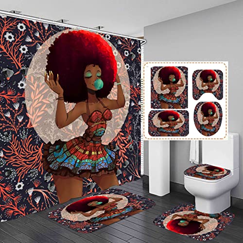 4 Pcs Durable Fabric African American Bathroom Shower Curtain Set,Bathroom Sets with Black Girl Shower Curtain and Rugs，with Toilet Lid Cover and Bath Mat