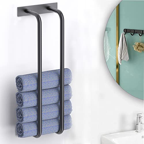 WUIVIUT Adhesive Towel Racks for Bathroom Wall Mounted, Rolled Bath Towel Holder Storage-Stainless Steel, Black Towel Shelf for Bath Towels, Hand Towels