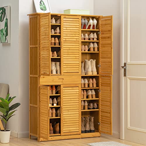 MoNiBloom Large Shoe Storage Cabinet Storage Organizer with Shutter Doors & 1 Drawer for More Than 40 Pairs Living Room Entryway Hallway Bedroom Living Room, Natural