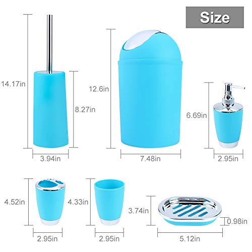 Cocoarm 6 Piece Bathroom Accessory Set Bathroom Accessories Set, Plastic Cup, Toothbrush Holder, Soaps Holder, Lotion Bottles, Bins, Toilet Brush Bathroom Set (Blue)