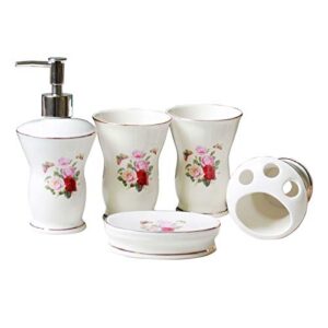 JruF Round Pink and White Set of 5 Bathroom Accessories Set-Pink Flowers Porcelain Pattern Modern Dressing Accessories Set Including Tumbler, Toothbrush Holder and Lotion Bottle, Soap Dish