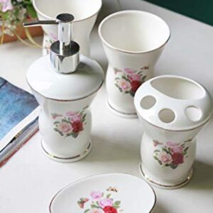 JruF Round Pink and White Set of 5 Bathroom Accessories Set-Pink Flowers Porcelain Pattern Modern Dressing Accessories Set Including Tumbler, Toothbrush Holder and Lotion Bottle, Soap Dish