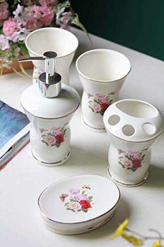 JruF Round Pink and White Set of 5 Bathroom Accessories Set-Pink Flowers Porcelain Pattern Modern Dressing Accessories Set Including Tumbler, Toothbrush Holder and Lotion Bottle, Soap Dish