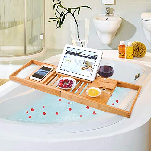 HANKEY Bamboo Bathtub Caddy Tray (Extendable) Luxury Spa Organizer with Folding Sides | Natural, Ecofriendly Wood | Integrated Tablet, Smartphone, Wine, Book Holders