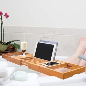 HANKEY Bamboo Bathtub Caddy Tray (Extendable) Luxury Spa Organizer with Folding Sides | Natural, Ecofriendly Wood | Integrated Tablet, Smartphone, Wine, Book Holders