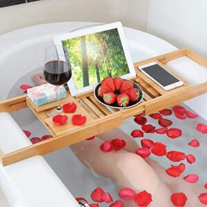 HANKEY Bamboo Bathtub Caddy Tray (Extendable) Luxury Spa Organizer with Folding Sides | Natural, Ecofriendly Wood | Integrated Tablet, Smartphone, Wine, Book Holders