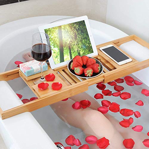 HANKEY Bamboo Bathtub Caddy Tray (Extendable) Luxury Spa Organizer with Folding Sides | Natural, Ecofriendly Wood | Integrated Tablet, Smartphone, Wine, Book Holders