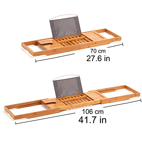 HANKEY Bamboo Bathtub Caddy Tray (Extendable) Luxury Spa Organizer with Folding Sides | Natural, Ecofriendly Wood | Integrated Tablet, Smartphone, Wine, Book Holders