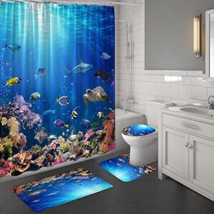 mitovilla tropical ocean shower curtain set with bathroom rugs and mats, blue underwater seascape of coral reef and fish sea turtle and shark bathroom sets with shower curtain and rugs and accessories