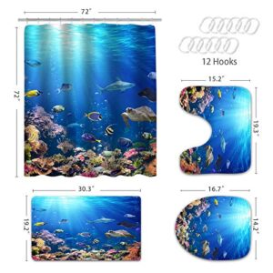 MitoVilla Tropical Ocean Shower Curtain Set with Bathroom Rugs and Mats, Blue Underwater Seascape of Coral Reef and Fish Sea Turtle and Shark Bathroom Sets with Shower Curtain and Rugs and Accessories