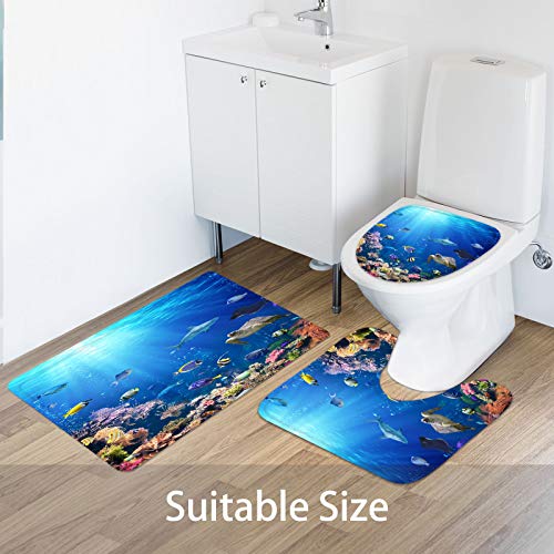 MitoVilla Tropical Ocean Shower Curtain Set with Bathroom Rugs and Mats, Blue Underwater Seascape of Coral Reef and Fish Sea Turtle and Shark Bathroom Sets with Shower Curtain and Rugs and Accessories