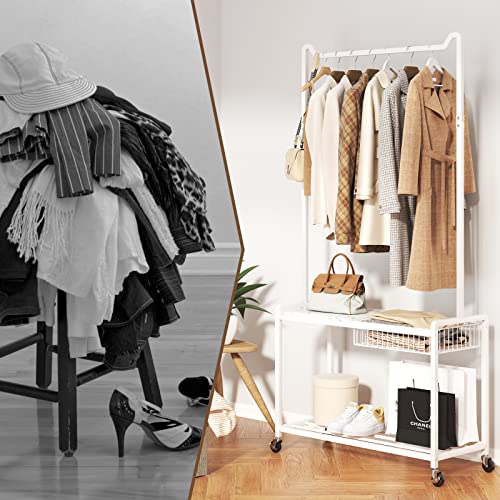 XYZLVSI 3-Tier Rolling Clothing Garment Rack for Hanging Clothes, 3-in-1, with Coat Rack, Movable Basket and 2 Storage Shelves, White