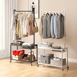 XYZLVSI 3-Tier Rolling Clothing Garment Rack for Hanging Clothes, 3-in-1, with Coat Rack, Movable Basket and 2 Storage Shelves, White