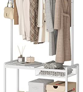 XYZLVSI 3-Tier Rolling Clothing Garment Rack for Hanging Clothes, 3-in-1, with Coat Rack, Movable Basket and 2 Storage Shelves, White