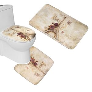 amagical 3 piece vintage paris brown eiffel tower bathroom mat set purple flower butterfly bath mat contour mat toilet cover
