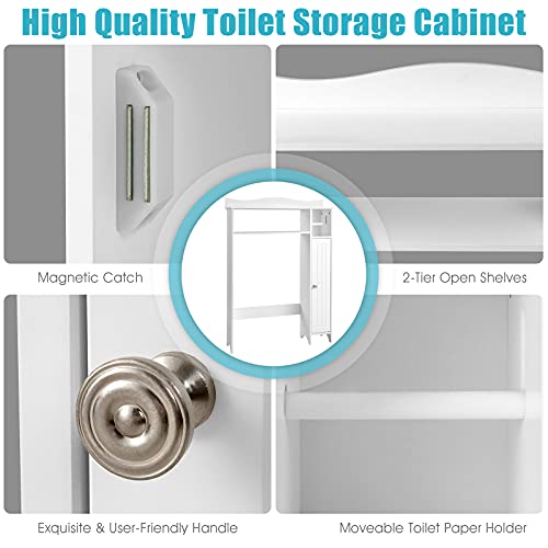 Tangkula Over The Toilet Storage Cabinet, Bathroom Space Saver w/Adjustable Shelves & Paper Holder, Freestanding Home Organizer Toilet Rack Stand w/Side Door & Anti-Topping Design, White